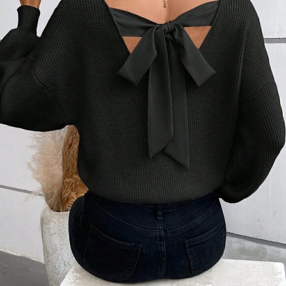 Black Casual Womens Tie Back Drop Shoulder Sweater - Picture 4 of 5